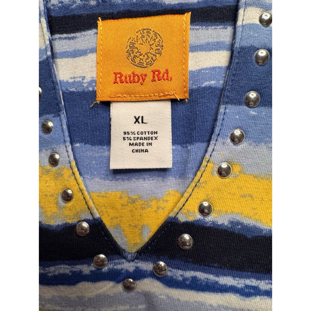 Ruby Rd XL Top Blue Yellow Stripe 3/4 Sleeve V-neck Silver Studs Runs Small - Picture 5 of 11